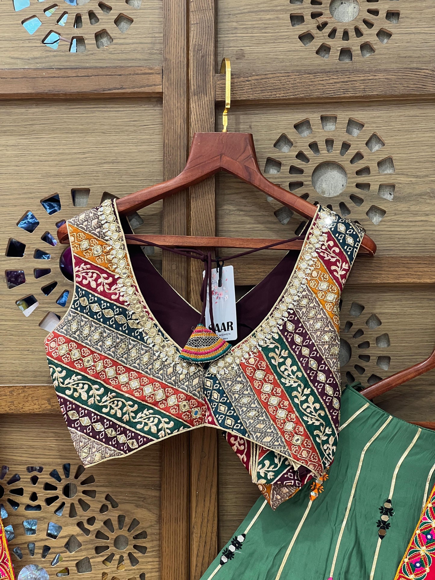 Green Embroidered Chaniya Choli with Red Dupatta and Mirror Work Blouse