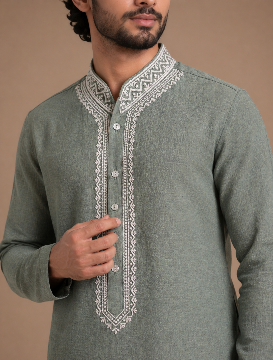 Green Linen Embroidered Men’s Kurta with Classic Threadwork