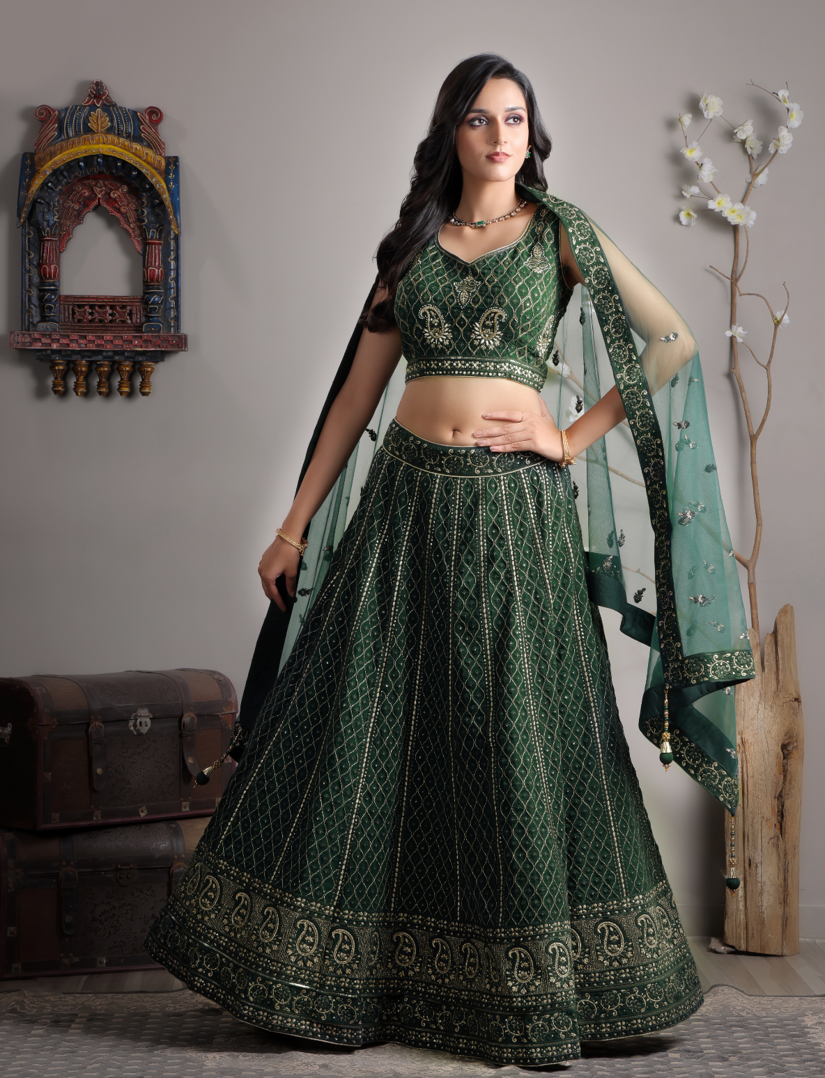 Green & Gold Embroidered Lehnga Choli