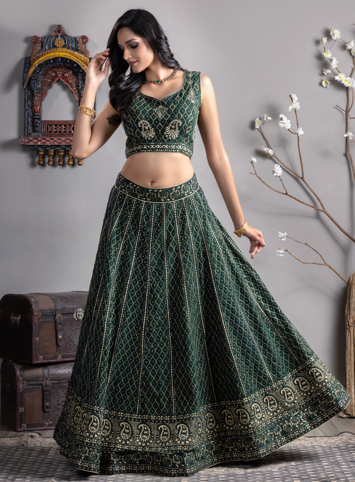 Green & Gold Embroidered Lehnga Choli