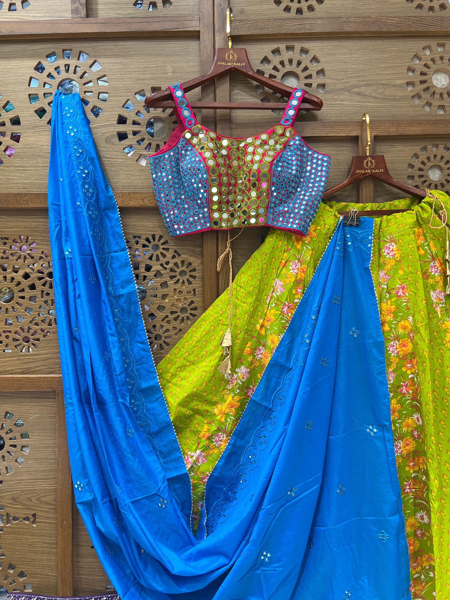 Green and Blue Mirror Work Navratri Chaniya Choli