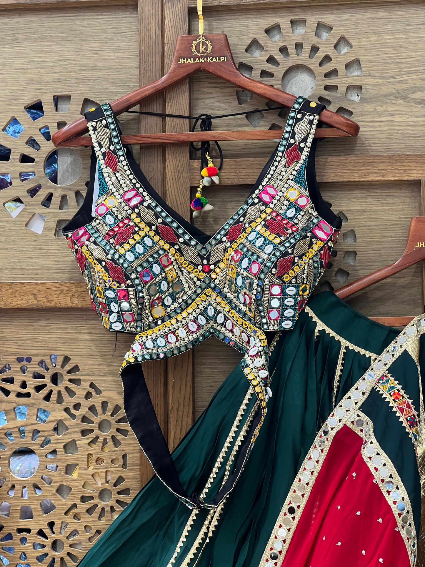 Green and Red Navratri Chaniya Choli with Mirror Work