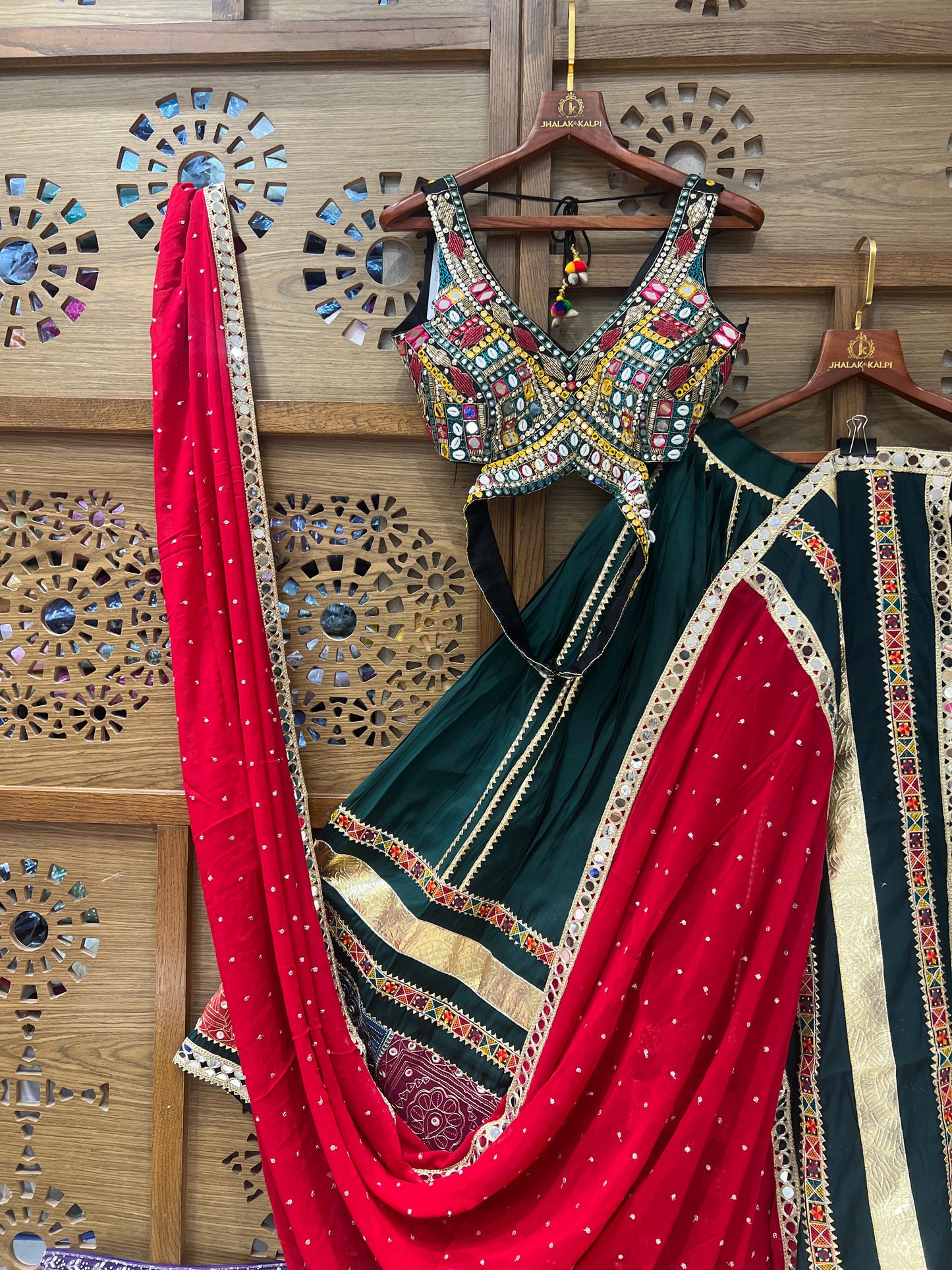 Green and Red Navratri Chaniya Choli with Mirror Work