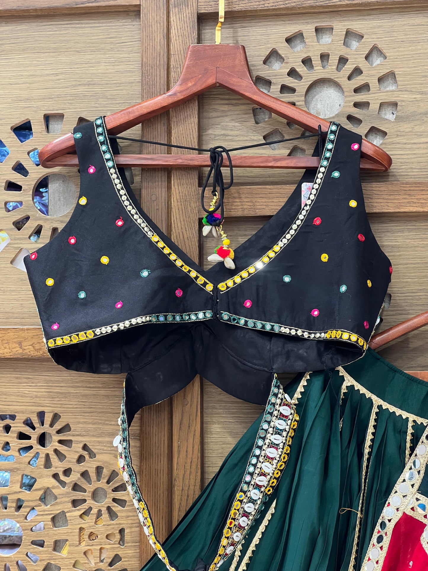 Green and Red Navratri Chaniya Choli with Mirror Work