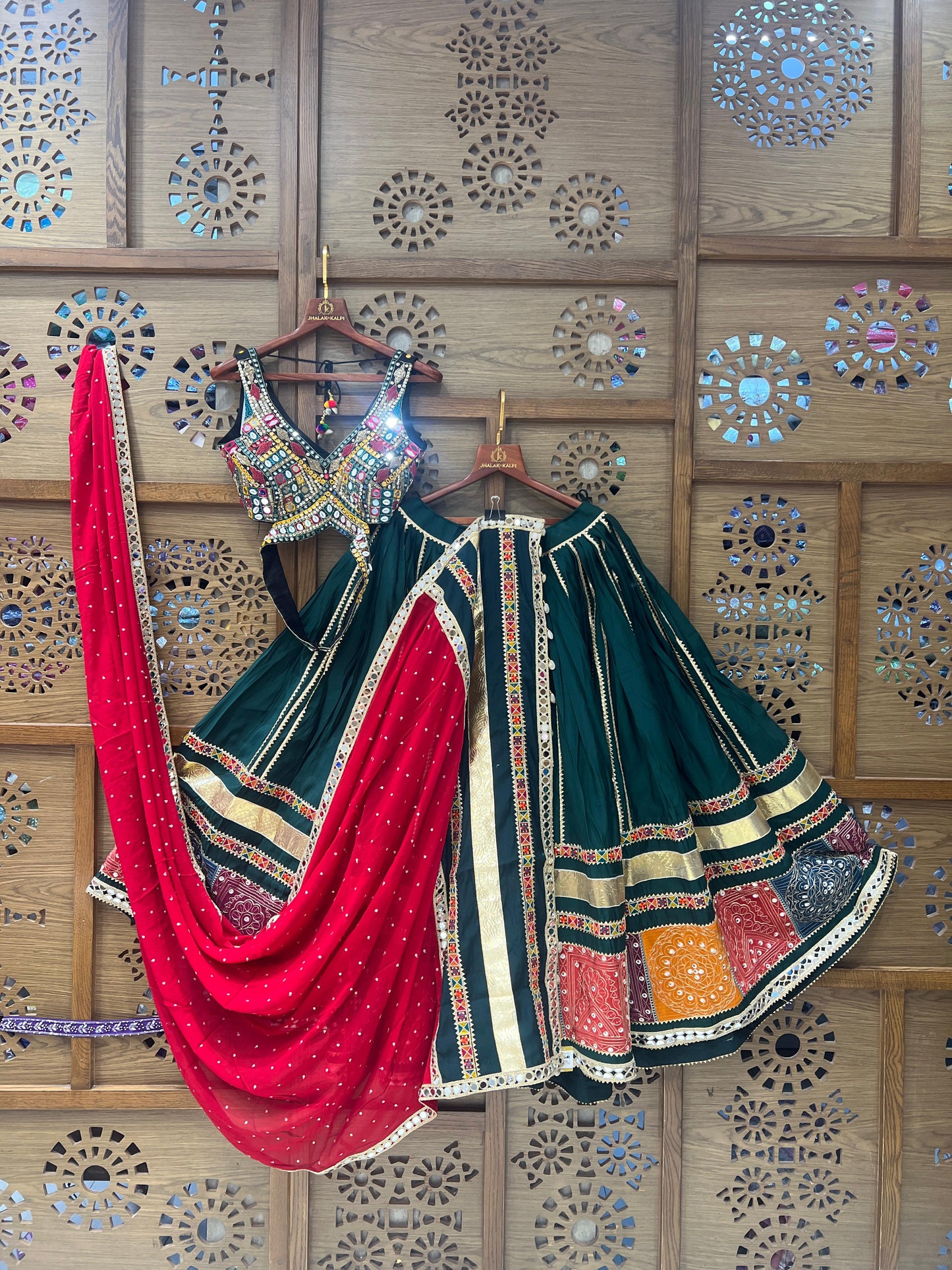 Green and Red Navratri Chaniya Choli with Mirror Work