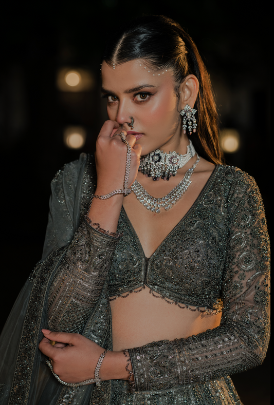 Greenish Pista Net Designer Lehenga with Sequins & Embroidery