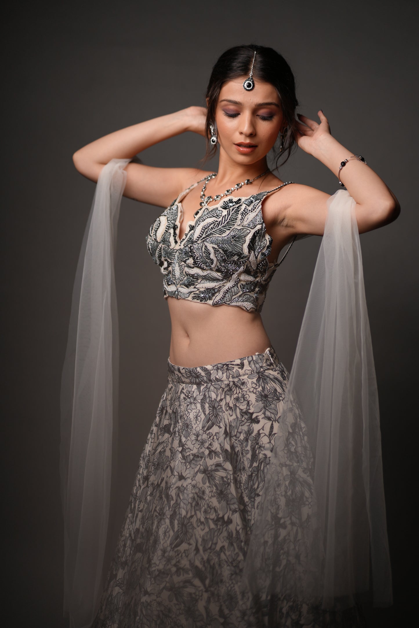 Grey Fowler Printed With Embroidered top Lehnga Choli
