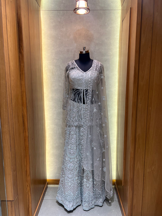Grey net embroidered Lehnga Choli