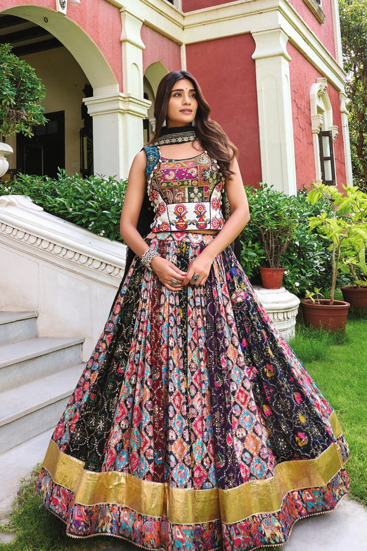 Gujarati Patola Print Chaniya Choli for Navratri with Mirror Work & Zari Border