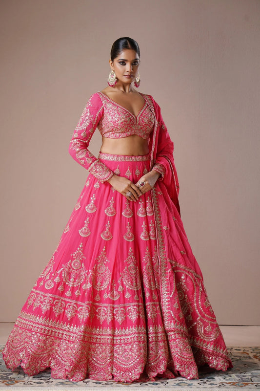 Hot Pink Crepe Lehenga with Intricate Zardosi Embroidery