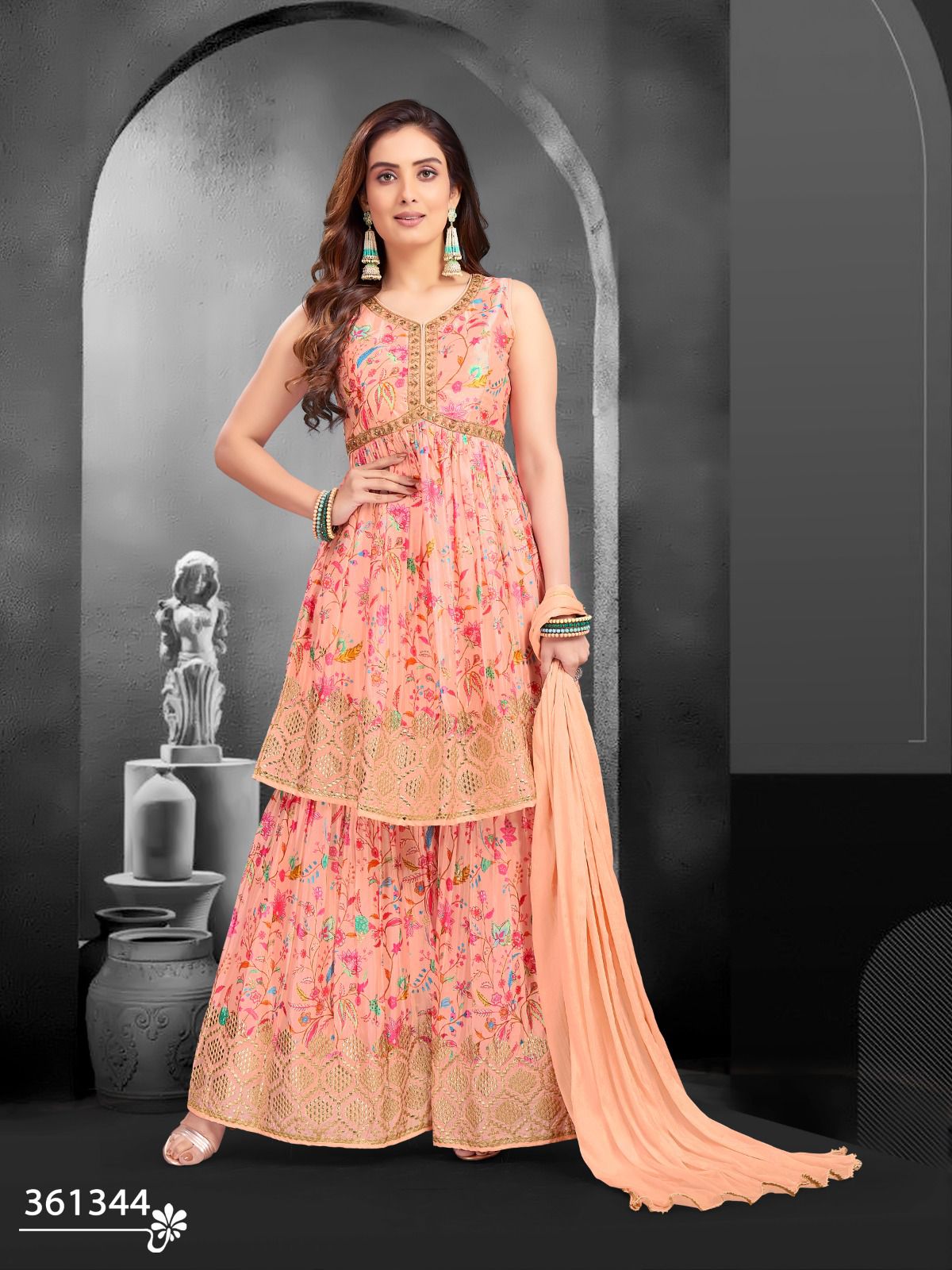 Printed Peach Pink Silk Sharara
