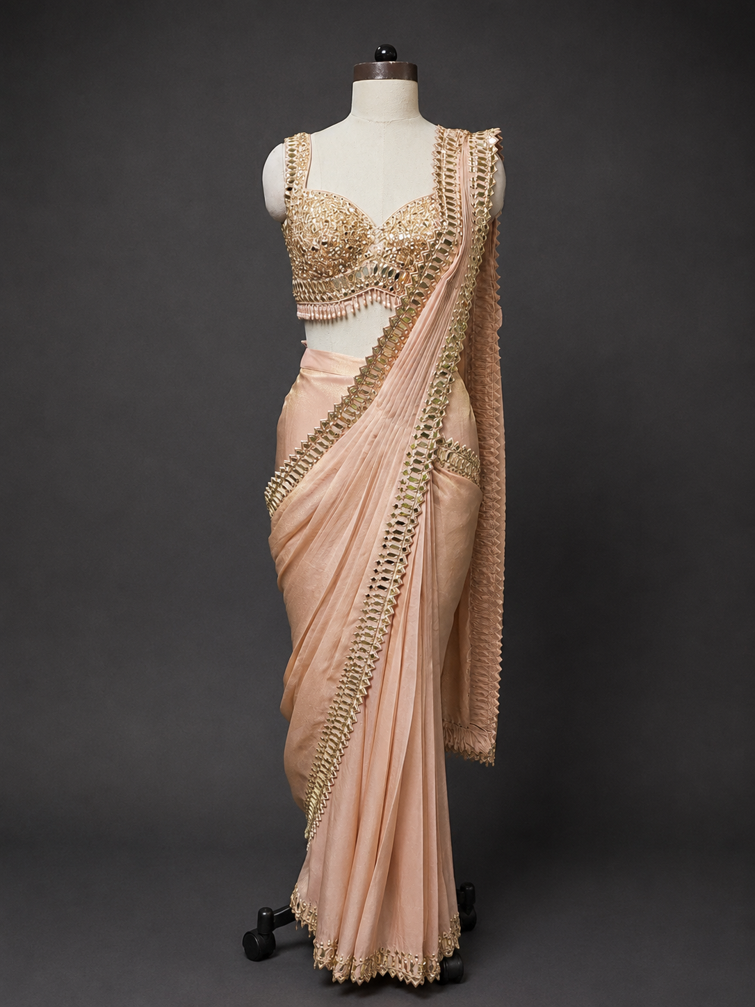 Blush Pink Drape Saree with Hand Embellished Mirror Work Blouse