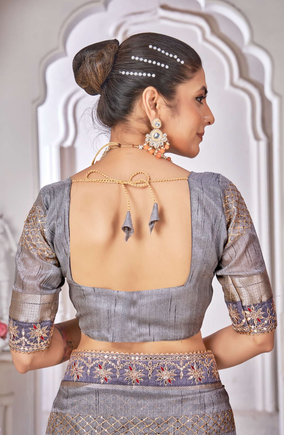 Grey Linen Cord Work Classic Saree