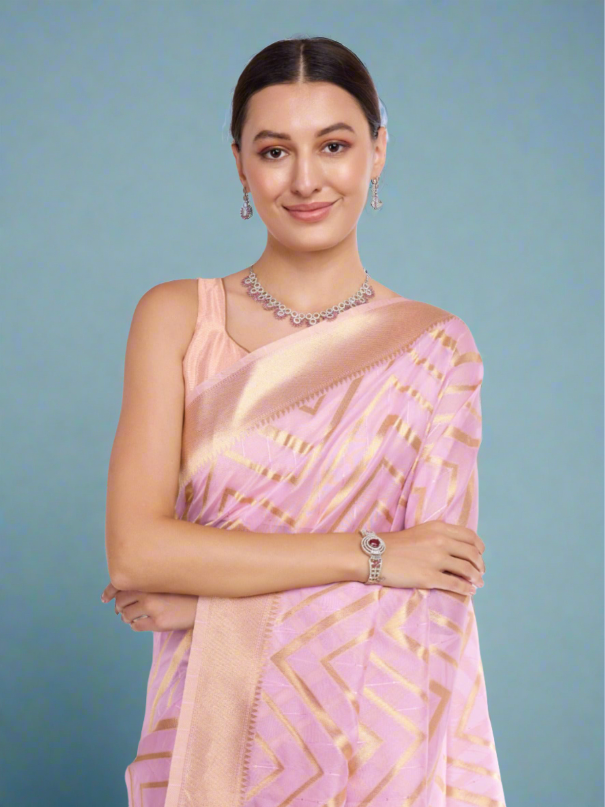 Pink Printed Georgette Saree with Golden Border
