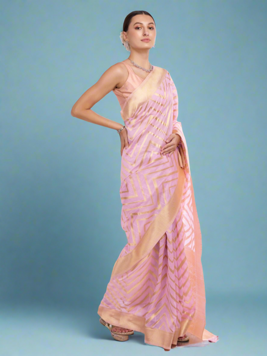 Pink Printed Georgette Saree with Golden Border