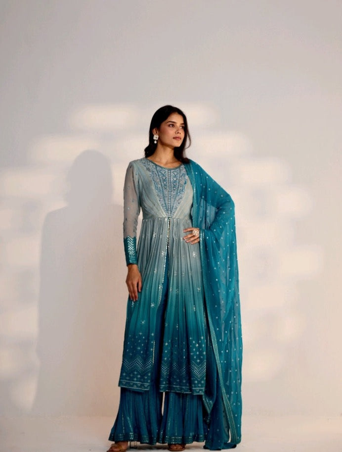 Two Tone Shade Indo Dress With Dupatta Set