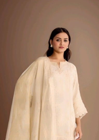 Off-White Designer Kurti Pant Set with Dupatta