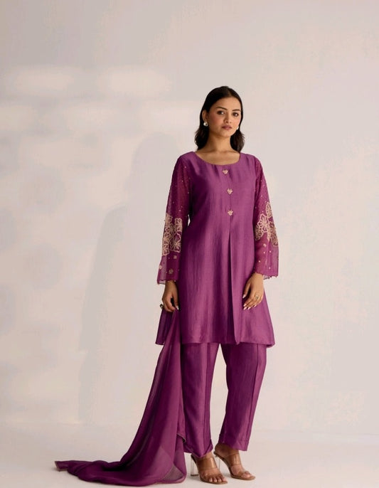 Wine-Colored Kurti Pant Set with Dupatta