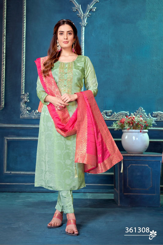Printed Pista Green Kurti Pant Set with Contrast Dupatta