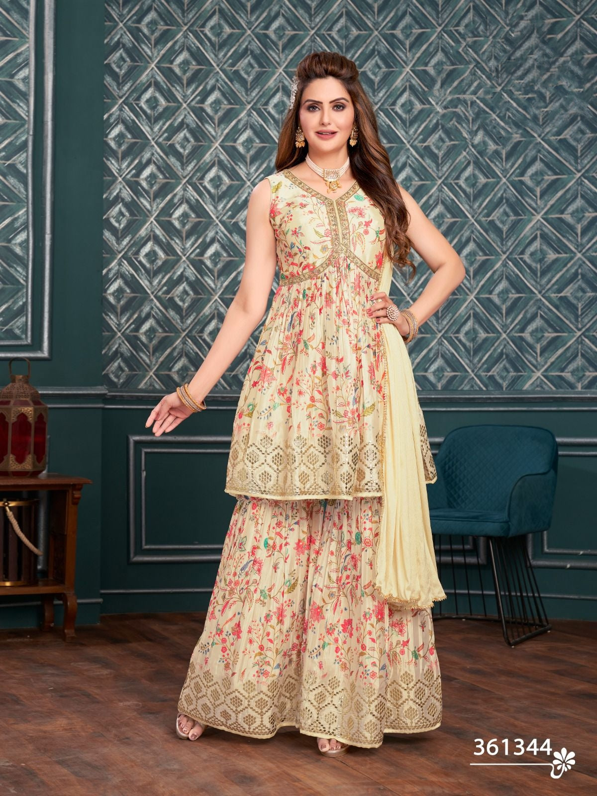 Printed Cream Pure Silk Sharara
