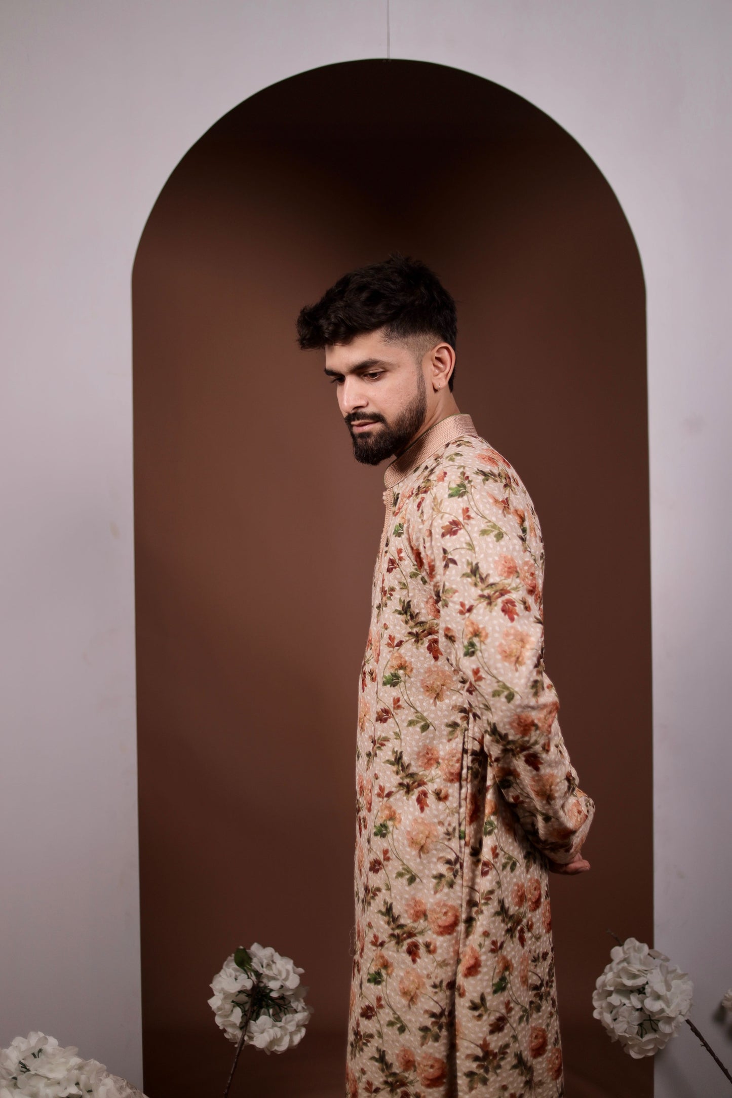 Nature’s Touch: Fawn Kurta Set with Bright Flower Print