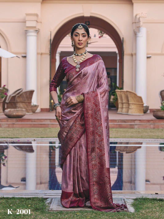 Pink Mushroom Satin Saree with Zari Weaving