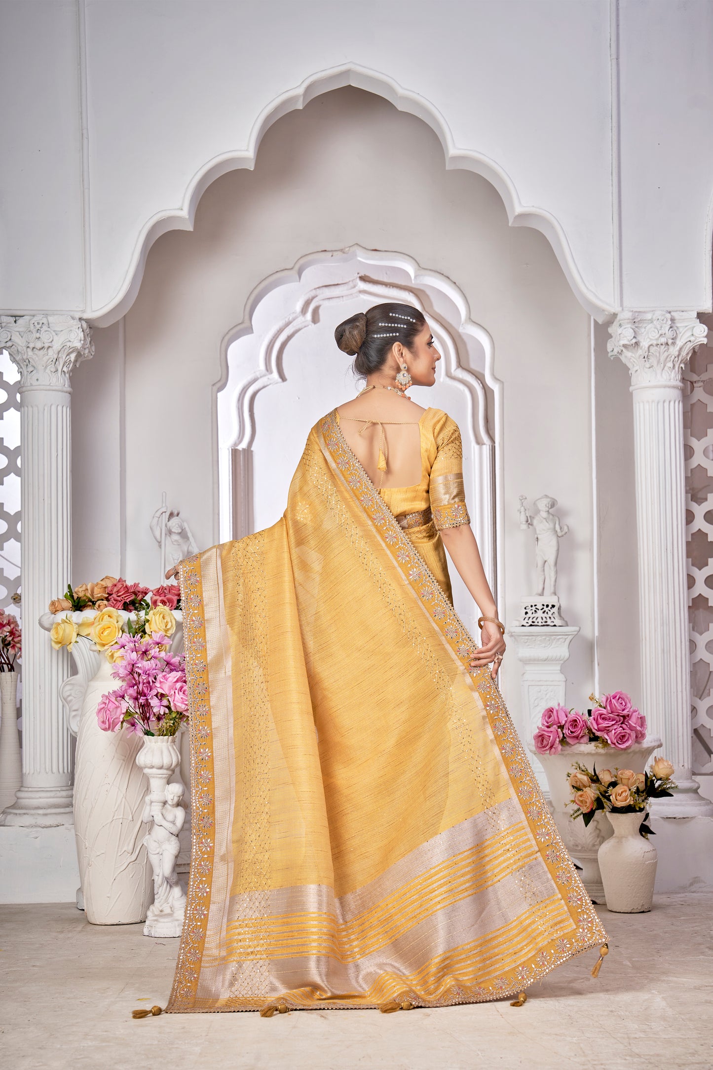 Yellow Linen Classic Saree with Cord Work