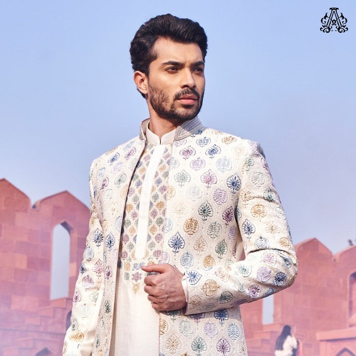 Cream Silk Indo-Western with Multi-Colored Jacket