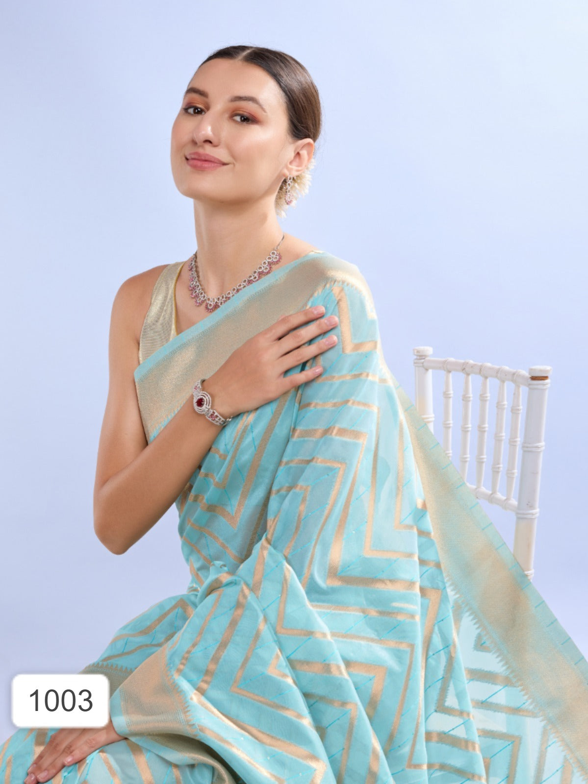Blue and Gold Zigzag Printed Saree