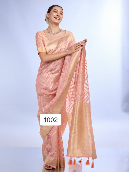 Peach Embroidered Saree with Golden Border and Tassels