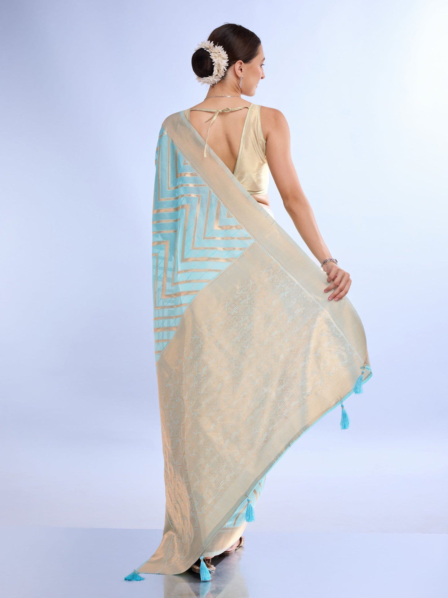 Blue and Gold Zigzag Printed Saree