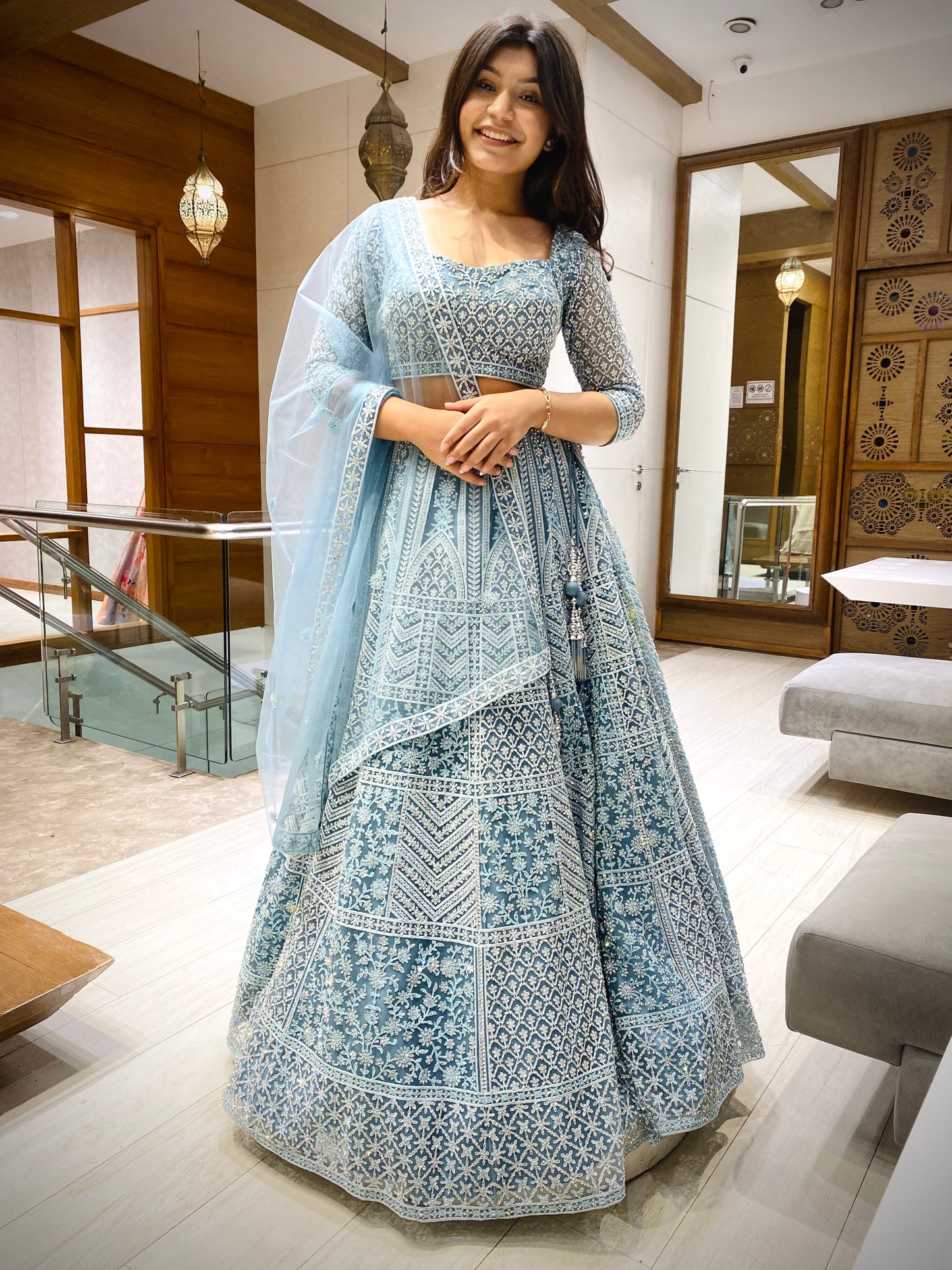 Peach Blue Diamond worked Lehenga Set