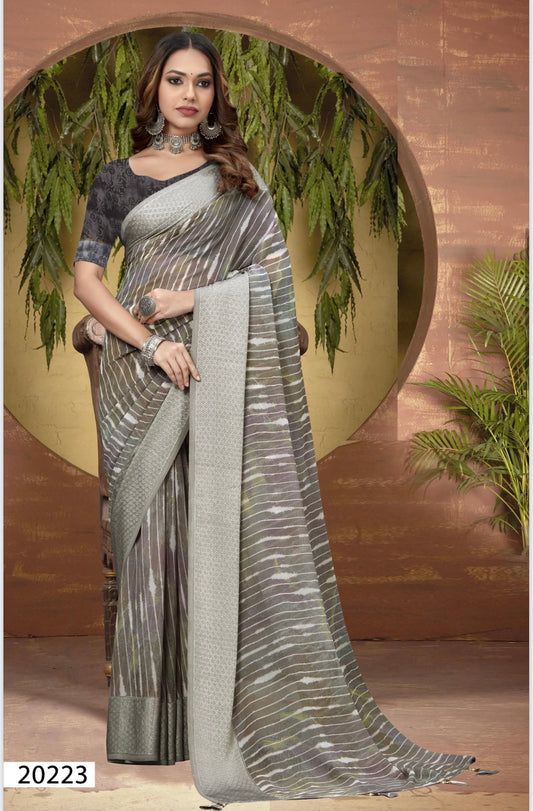 Grey Striped Georgette Saree