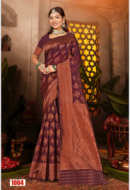 Maroon Cotton Banarasi Saree