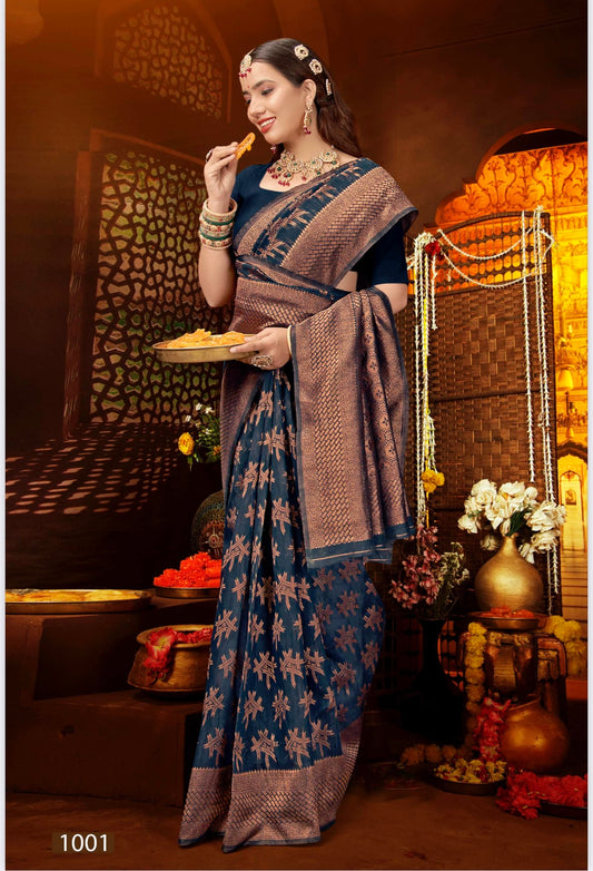 Navy Blue Silk Printed Banarasi Saree