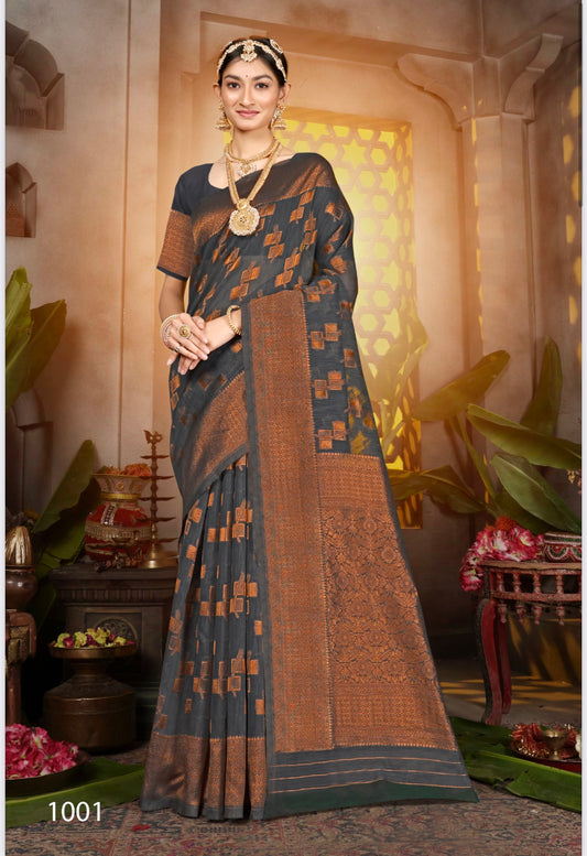 Gray Silk Printed Banarasi Saree