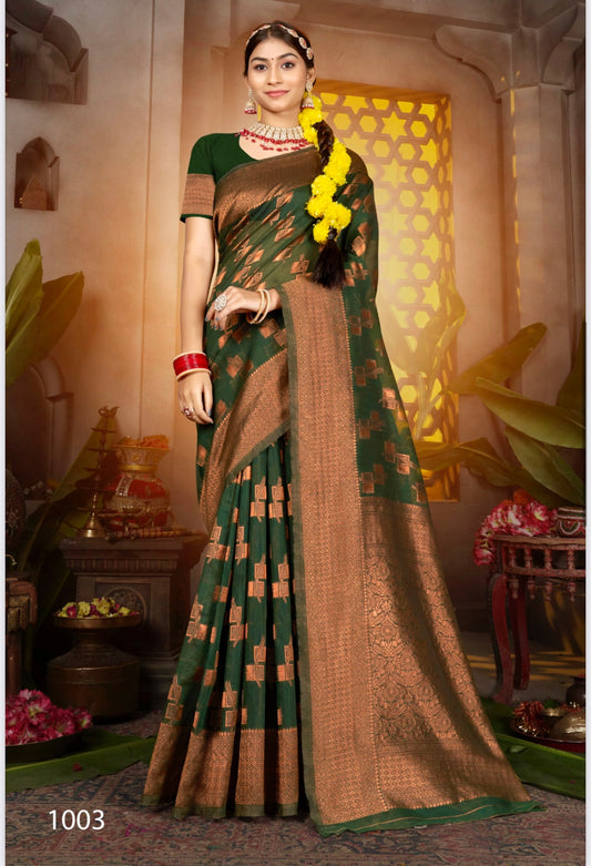 Green Silk Printed Banarasi Saree