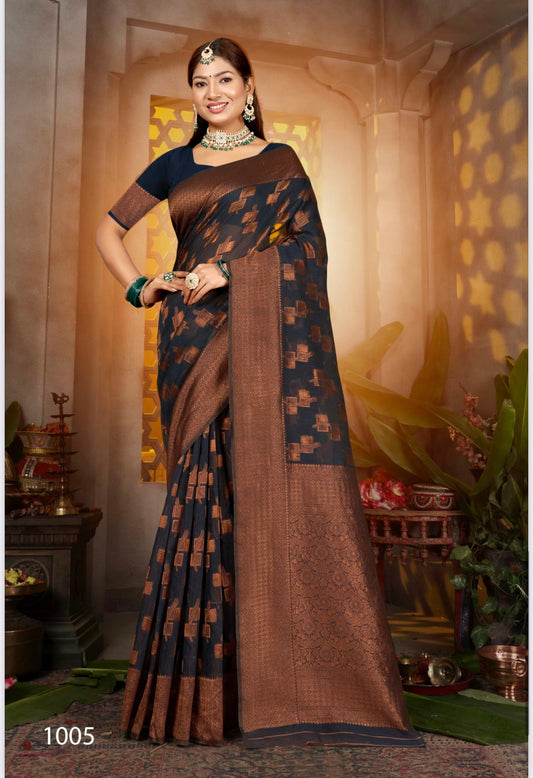 Navy Blue Silk Printed Banarasi Saree