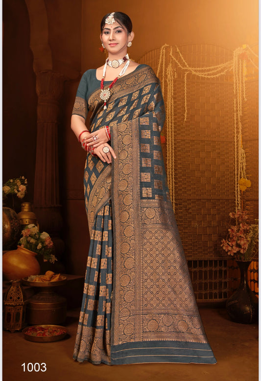 Gray Silk Printed Banarasi Saree