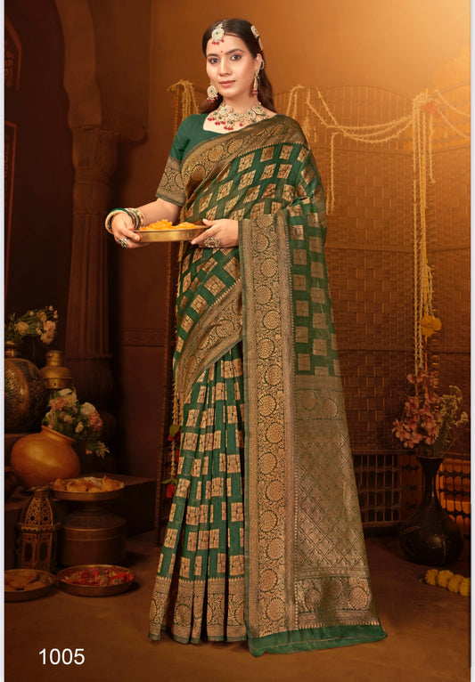 Green Silk Printed Banarasi Saree