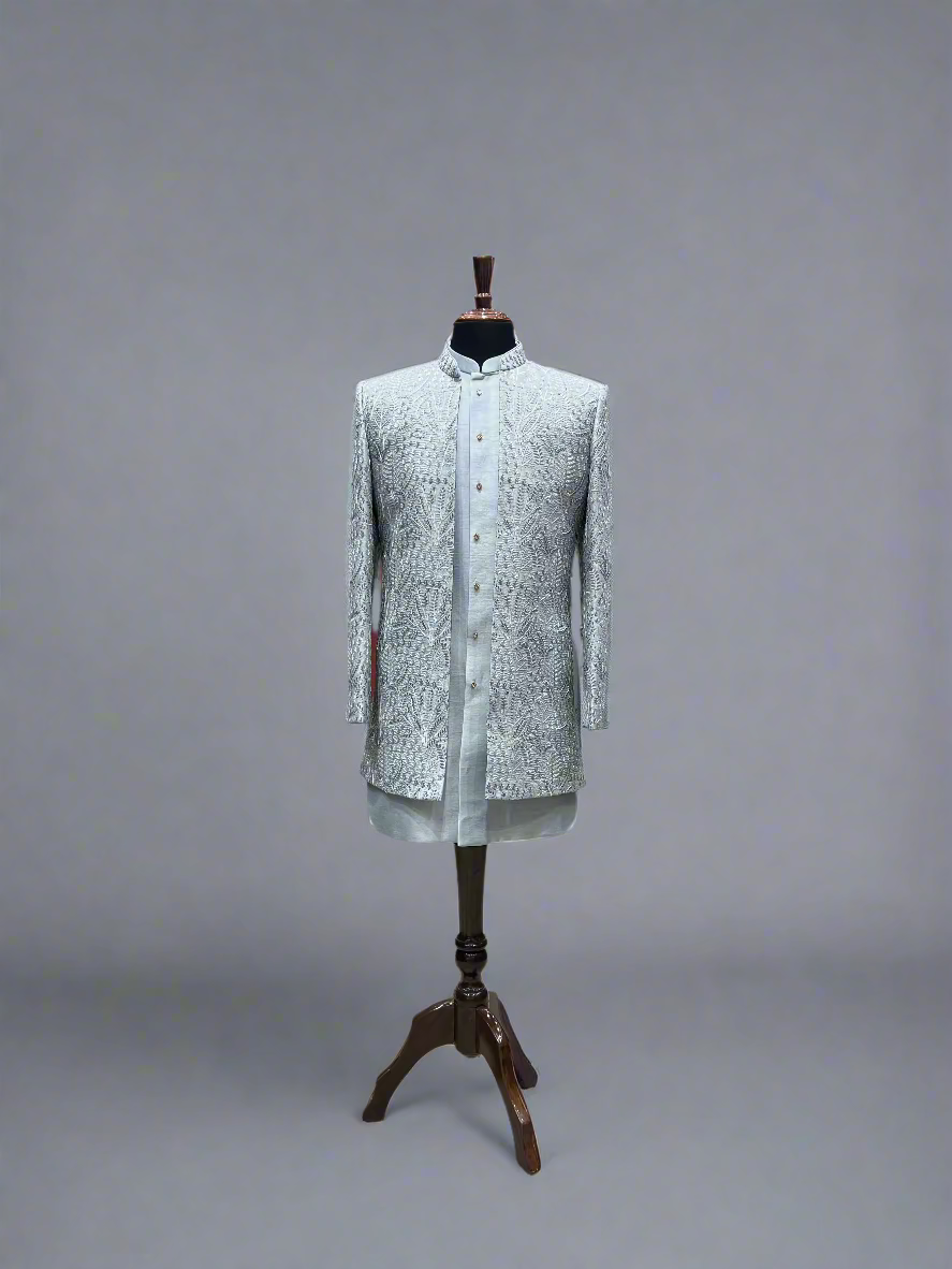 Ice Blue Indo-Western Ensemble with Textured Embroidery