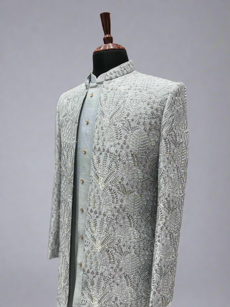 Ice Blue Indo-Western Ensemble with Textured Embroidery