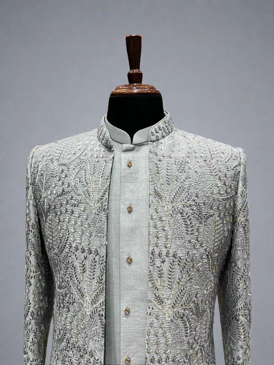 Ice Blue Indo-Western Ensemble with Textured Embroidery