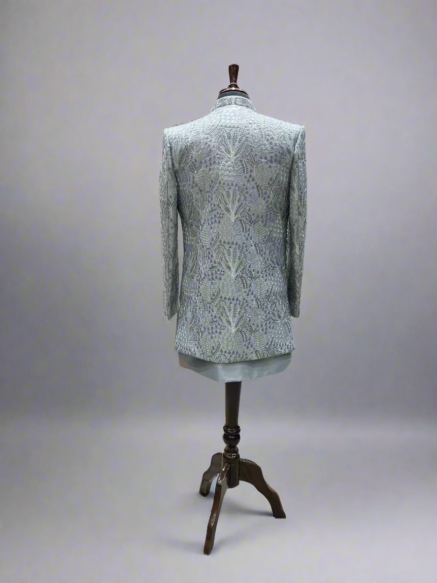 Ice Blue Indo-Western Ensemble with Textured Embroidery
