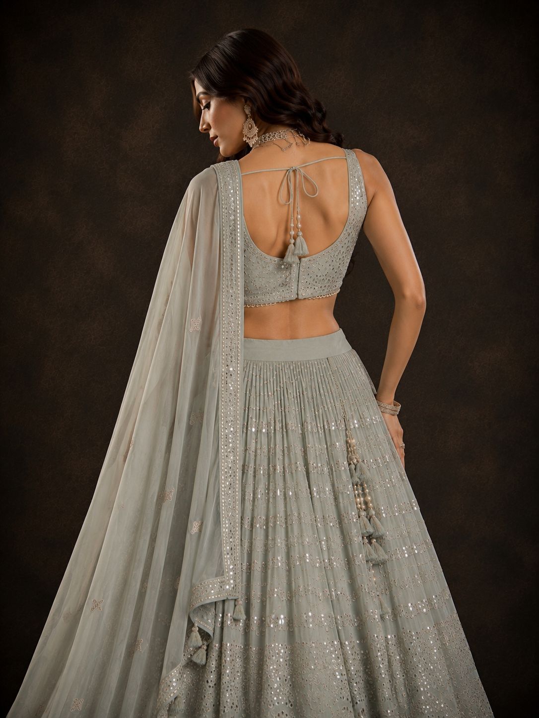 Ice Blue Mirror Work Designer Lehenga Choli