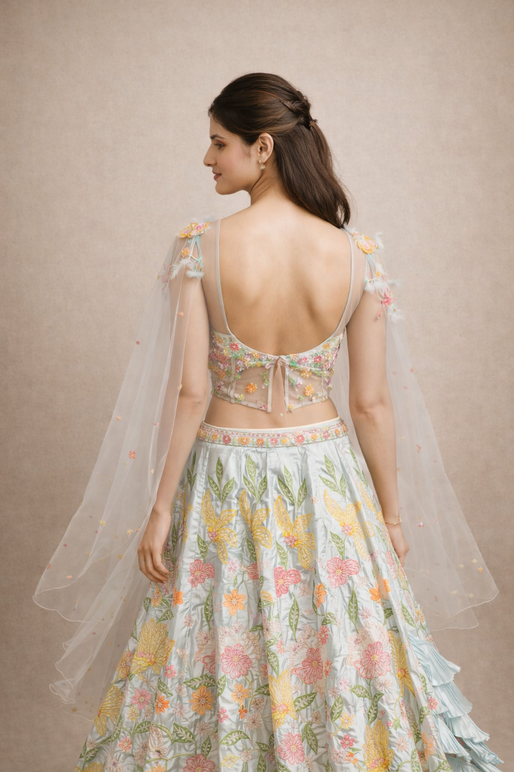 Ice Blue Pastel Floral Embroidered Designer Lehenga Choli with Sheer Dupatta