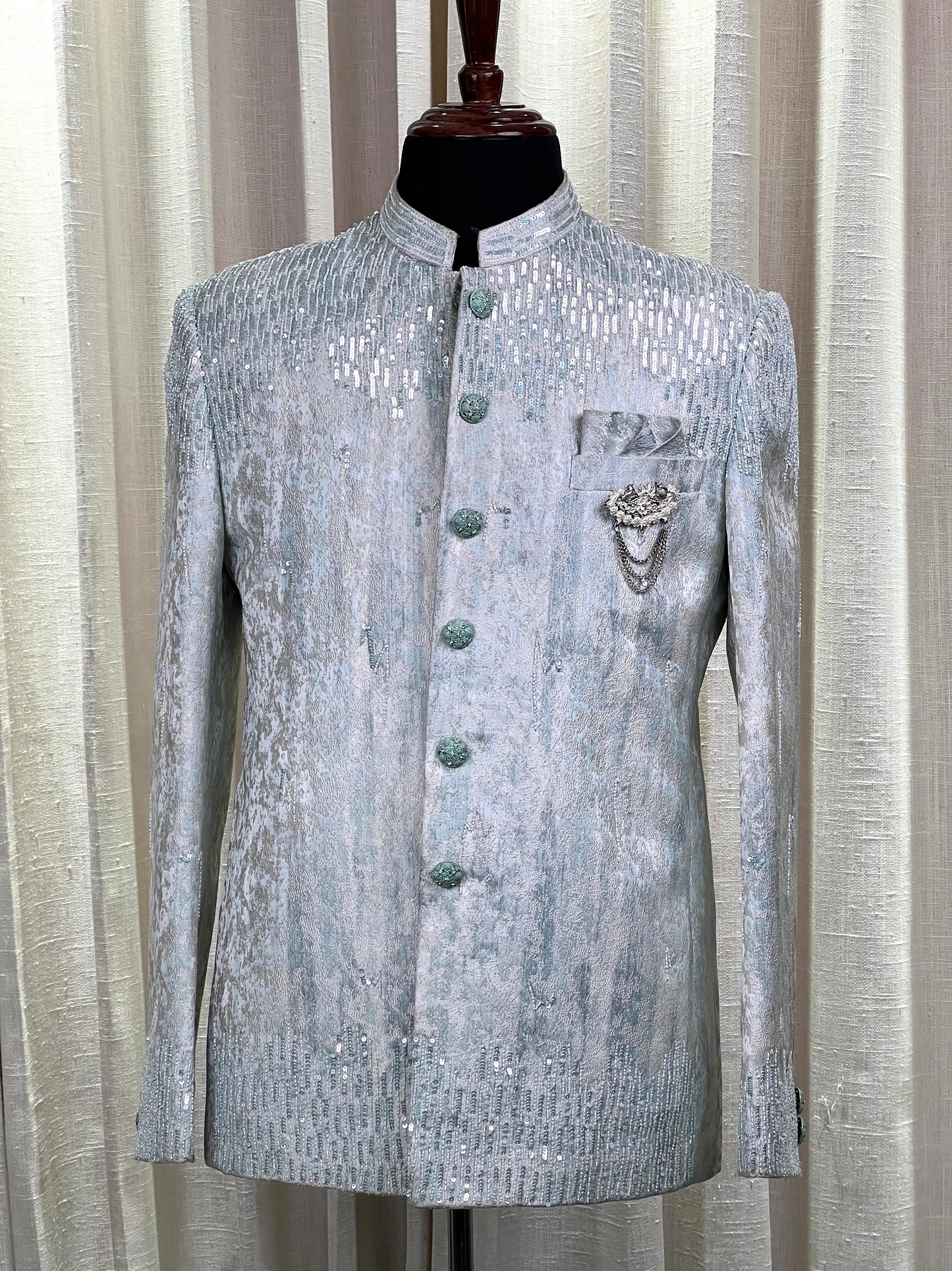 Icy Mint Jodhpuri Suit with Sequin Detailing and Embellished Buttons
