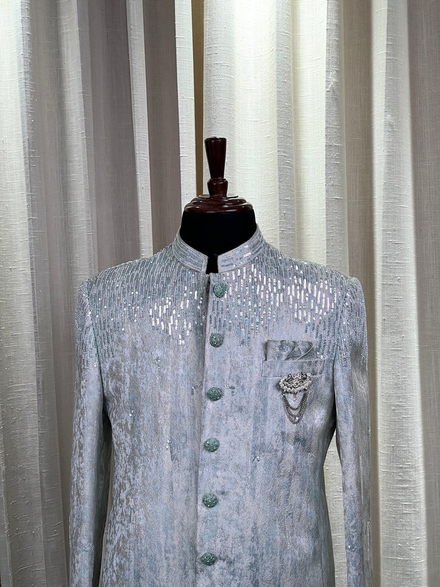 Icy Mint Jodhpuri Suit with Sequin Detailing and Embellished Buttons