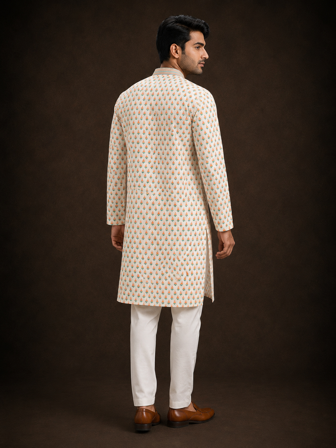 Ivory Cream Buti Printed Kurta with Peach and Sage Ethnic Motifs