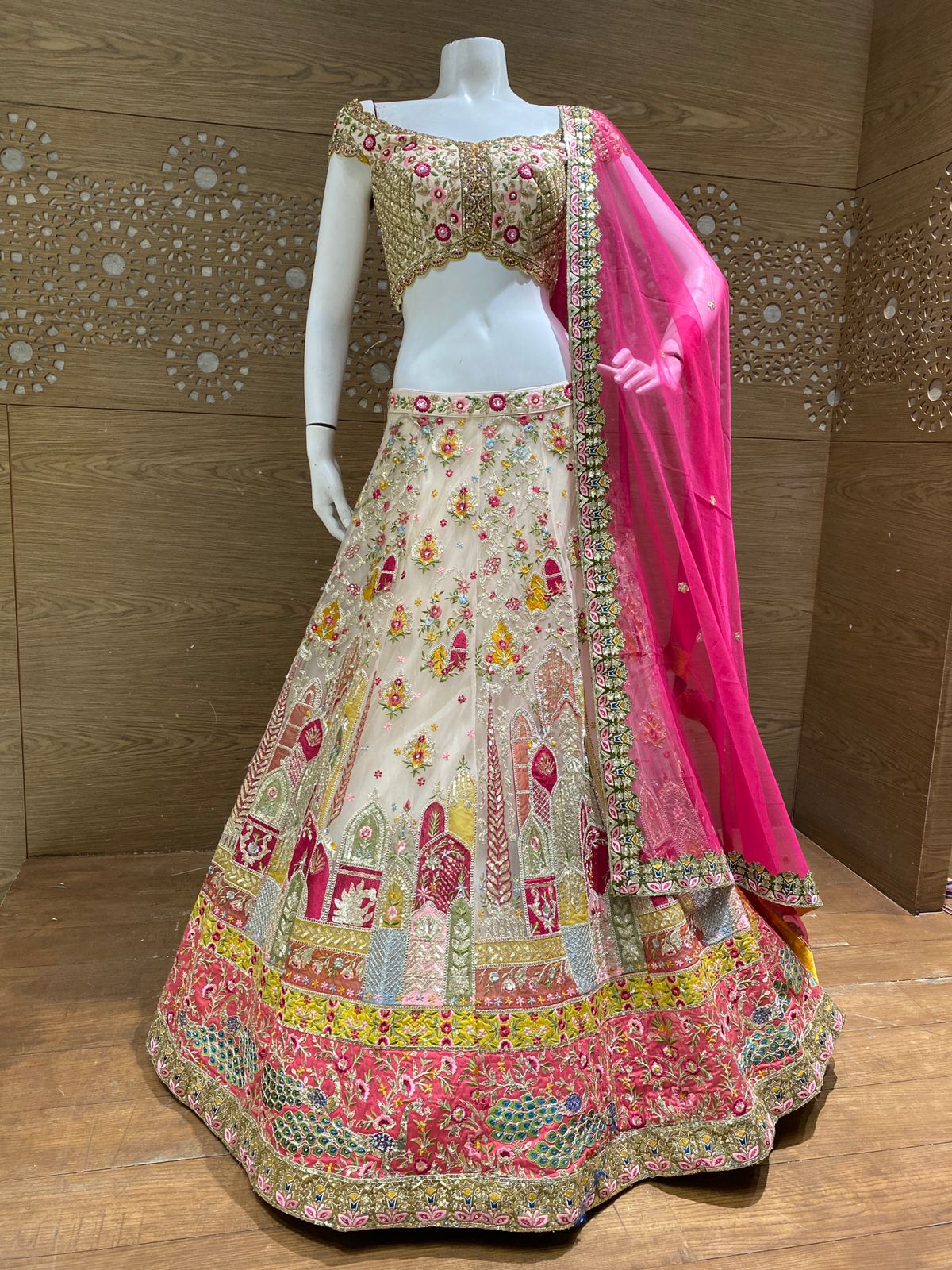 Ivory Designer Lehenga with Pink Dupatta and Handcrafted Multicolor Embroidery